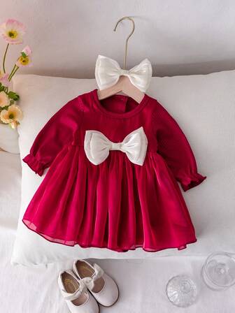 2件套新生女宝宝时尚公主风网纱长袖连体衣和发带，春秋季