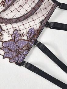 3 Pcs Women's Sexy Sheer Gauze & Fishnet Lingerie Set With Floral Embroidery - V Neck Open Back Off The Shoulder Breathable Hand Washable Bra With Underwire & Thong & Waist Skirt With Chain Garter Belt & Leg Rings - Perfect For Uniform Temptation - 紫色 - 查看 4