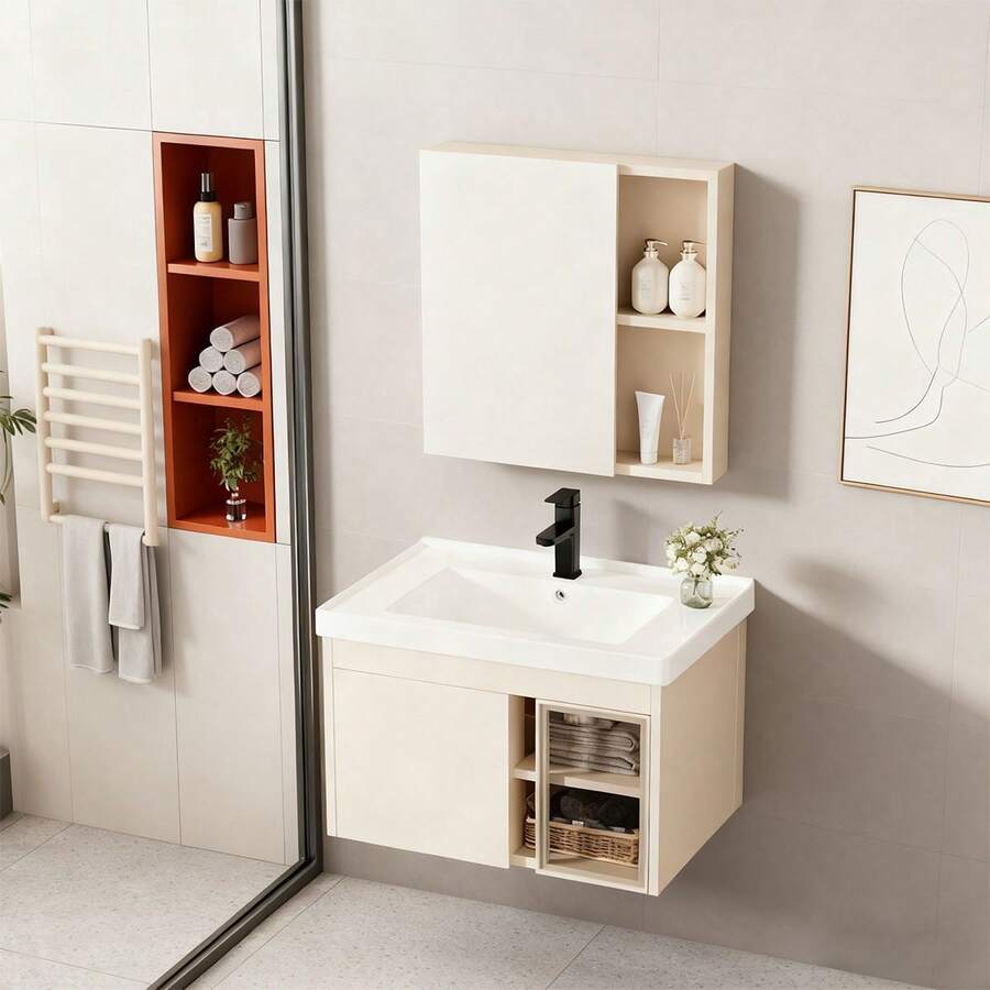 Lavamanos Grande Cerámico Integrado Con Espejo Y Gabinete - Multicolor - Ver 1