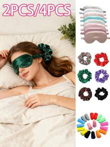 Double-Sided Simulated Silk Unisex Eye Mask Solid Color Satin Hair Ties Slow Rebound Noise-Canceling Bullet Earplugs . Light-Blocking Non-Pressure Eye Mask . Eye Mask Blocks Light ; Hair Ties Hold Hair Firmly; Earplugs Reduce Noise. All Reusable, Easy To Carry. Perfect For Home Sleep