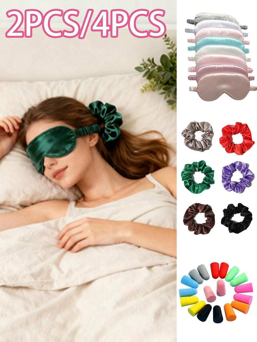 Double-Sided Simulated Silk Unisex Eye Mask Solid Color Satin Hair Ties Slow Rebound Noise-Canceling Bullet Earplugs . Light-Blocking Non-Pressure Eye Mask . Eye Mask Blocks Light ; Hair Ties Hold Hair Firmly; Earplugs Reduce Noise. All Reusable, Easy To Carry. Perfect For Home Sleep