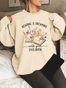 Women's  Round Neck Sweatshirt - "Reading Is Dreaming With Your Eyes Closed" Floral Book Design, Soft Casual Pullover For Spring/Fall, Machine Washable, Book Sweater - 杏色 - 查看 1