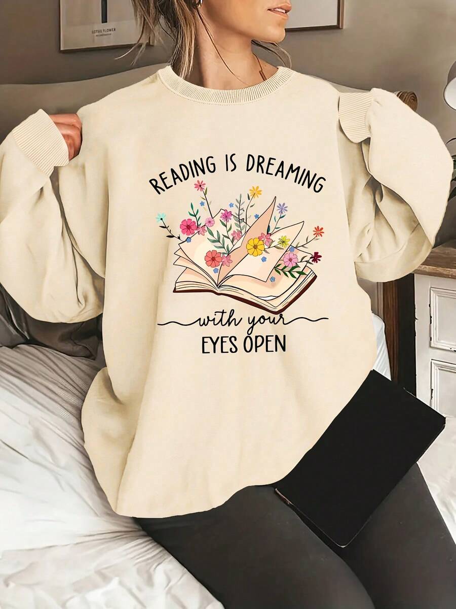 Women's  Round Neck Sweatshirt - "Reading Is Dreaming With Your Eyes Closed" Floral Book Design, Soft Casual Pullover For Spring/Fall, Machine Washable, Book Sweater - 杏色 - 查看 1