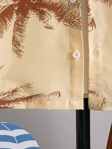 男童休闲时尚植物印花贴布前落肩短袖衬衫上衣和抽绳短裤两件套，夏季 - 棕色 - 查看 5