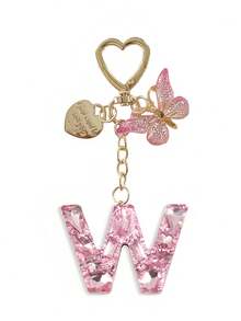 1pc Shiny Pink Rhinestone 26 Alphabet Letter Keychain, With Heart Tag Butterfly Metal Heart Charm Pendant, Creative Fashion Women Backpack Decor, Party Gathering Stylish Gift, Anniversary, Valentine's Day, Christmas Gift For Friends, Family, Teachers Bag Charms Car Accessories Sister Gift Ideas