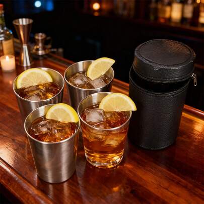 4pcs Stainless Steel Mini Wine Cups With Storage Bag, Reusable Small Cups, Hand Wash Only, Portable For Outdoor, Travel, Picnic, Party, Holiday Gift, Stainless Steel And PU Leather