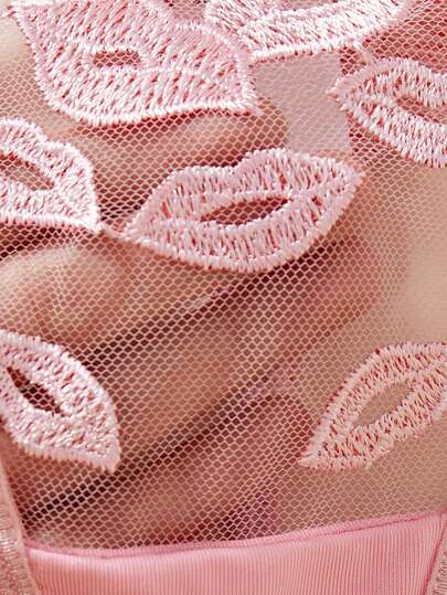 Women Verleidelijke Lingerie Set, Roze Kanten BH Mesh Lip Embroidery, Underwire Adjustable String Panty, Intimate Apparel Couple Date view 5