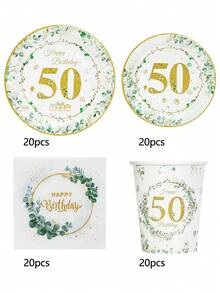 10pcs/20pcs/50pcs/80pcs 50th Birthday Decorations White And Sage Green Leaves Birthday Party Supplies Include Plates Napkins And Cups Sweet Fifty Year Old Birthday Party Tableware For Ladies Women - Multicolor - View 9
