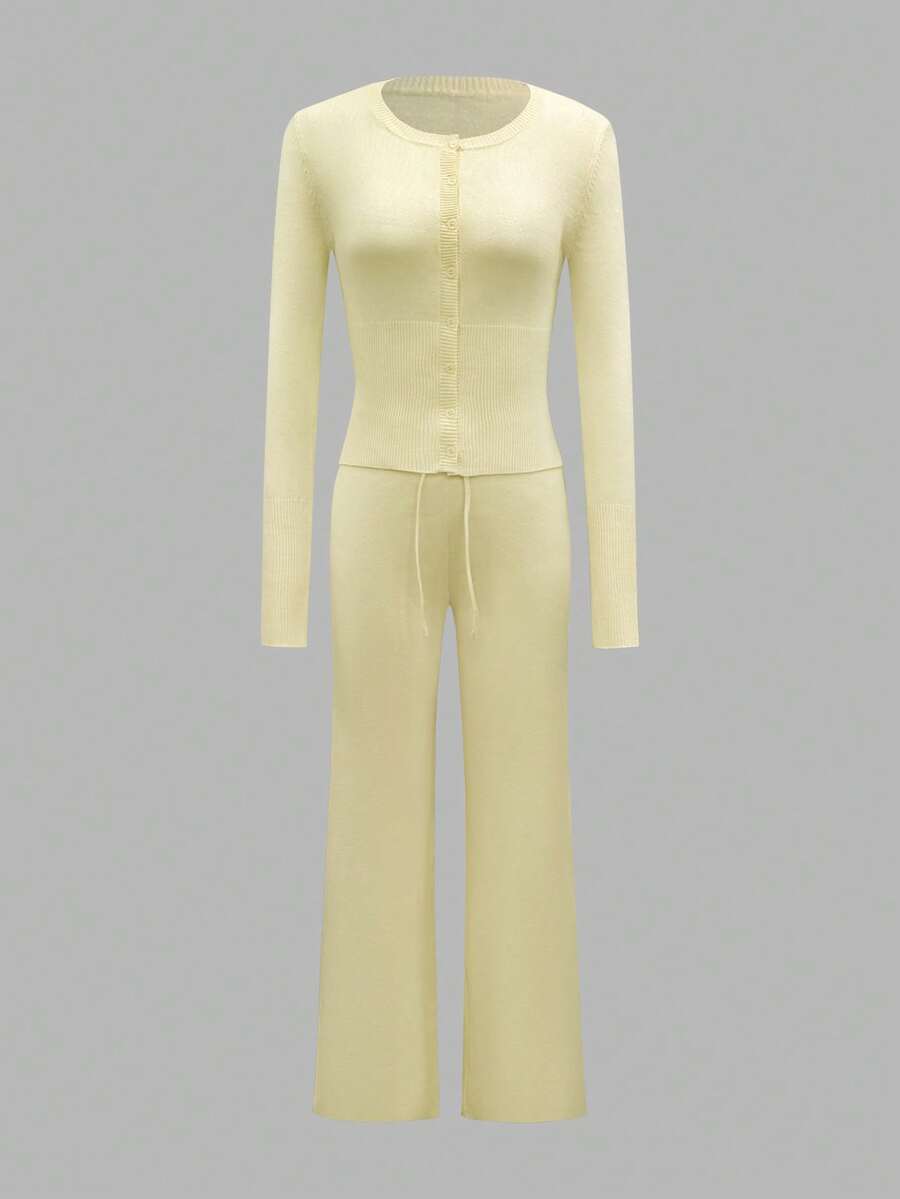 Ensemble femme mode décontractée, cardigan côtelé à col rond, manches longues, taille ajustée, assorti à un pantalon ample à jambes larges, couleur jaune clair, début d'automne