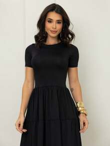 Midi Dress With Ruffles, Peasant Style, Short Sleeves, Delicate, Christmas, Casual, Wedding - Black - View 7