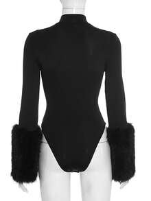 Women's Stand Collar Jumpsuit, Long Sleeve Design With Fashionable Faux Fur Cuffs, Medium Stretch
