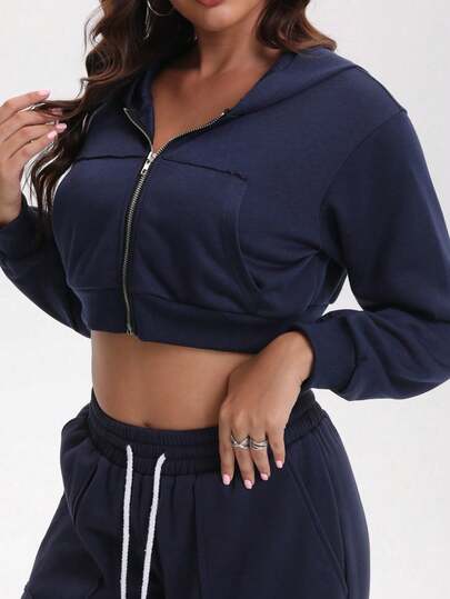 Jaqueta cropped feminina azul marinho com zíper e capuz, estilo esportivo anos 2000, blusa esportiva de manga comprida para academia e moda urbana.