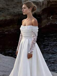Elegant Strapless Long Sleeves Sequins Satin Wedding Gown - Perfect For Christmas, Halloween, Weddings, Proms & Birthdays - trắng - Xem 6