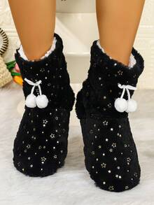Women's Comfortable Star Foil Decor Indoor Warm Ankle Boots; Soft, Casual, Romantic, Couple Style, Home Ankle Boots - Black - View 8