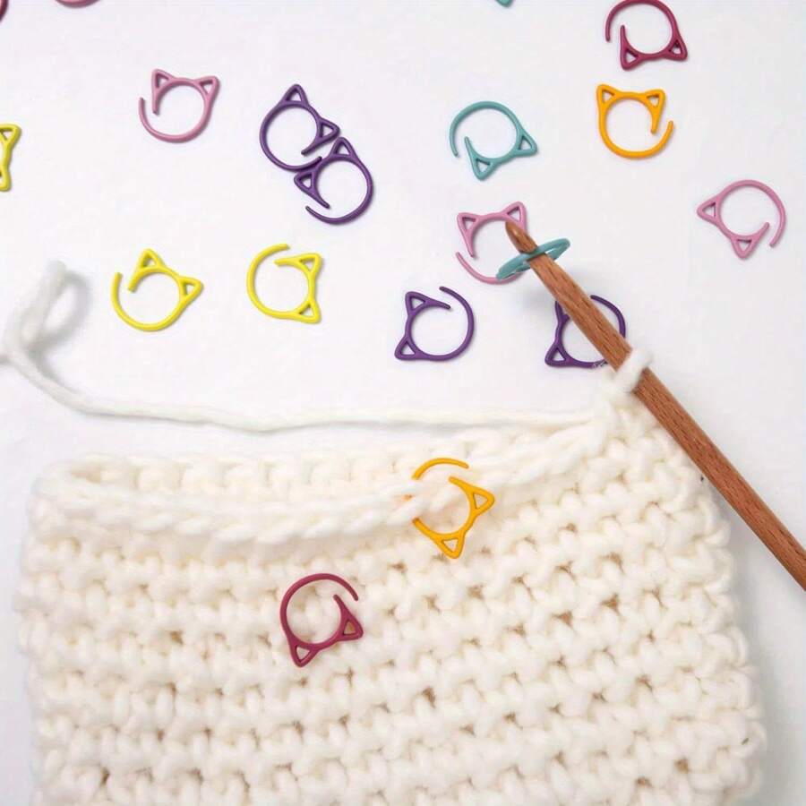 5/10/20/30pcs Cat Ear Shaped Crochet Stitch Markers, Multi-Color Painted Metal, Crochet Accessories/Cat Ear Stitch Markers, Colorful Open Design, Cat Ear Shaped Sewing Markers, Metal Coated, Multi-Color Combination, Creative Cat Ear Crochet Stitch Markers, Multi-Color Metal Sewing Rings