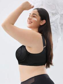 Plus Size Women Black Seamless Lace Gather Bra - Prevents Sagging, Breathable, Versatile, Comfortable For Autumn & Sexy Halloween - Black - View 9
