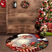 Weihnachts-Rundteppich - Vintage Weihnachtsmann und Rentier Design, fleckabweisend, leicht, maschinenwaschbarer Polyester-Teppich, geeignet für Wohnzimmer, Schlafzimmer, Innenraum-Feiertags-Dekoration, rutschfester Memory-Schaum Küchenteppich - Verschiedenfarbig - Übersicht 11