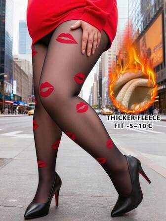 Mysiga 200g termofodrade strumpbyxor med tryck av röda läppar för kvinnor, termostrumpbyxor för alla hjärtans dag, vinterstrumpbyxor med förföriska kyssmönster, lekfulla strumpbyxor för kallt väder/För -5°C till 15°C väder
