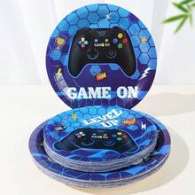 168pcs Blue Game On Theme Party Supplies Kit For 24 Guests, Video Gaming Birthday Disposable Tableware Set, Console Controller Decorations, Includes Plates Cups Napkins Forks Straws - Multicolor - View 8