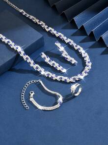 Juego de joyería de 5 piezas de lujo con cristal y circonita cúbica para mujeres, collar y aretes de ojo azul malvado, pulsera, combinación de anillo, noble y elegante, y versátil, el mejor accesorio para bodas, fiestas y todas las ocasiones - Juego de accesorios de 5 piezas - Ver 9