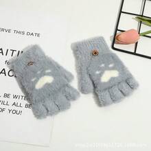 Korean Version Mink Fur Cat Scratch Gloves Autumn Winter Cold-Proof Warm Five-Finger Outdoor Riding Touchscreen Half-Finger Mink Warm - Xám - Xem 9