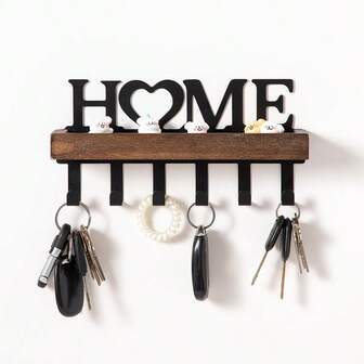 1个木质钥匙架，壁挂式收纳整理架，金属艺术装饰挂钩，适用于玄关、走廊