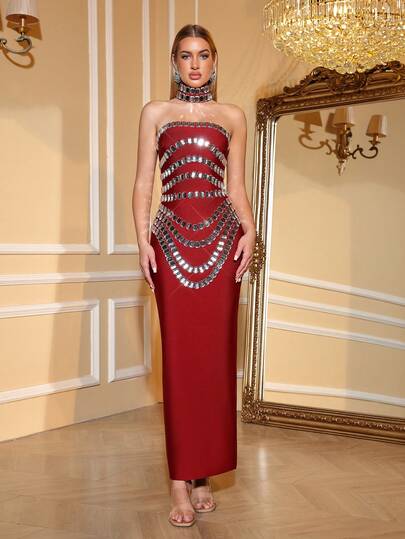 Love Aing Love Aing Women's Handmade Rhinestone Sexy Black Backless Slit Elegant Banquet Party Luxury Evening Dress