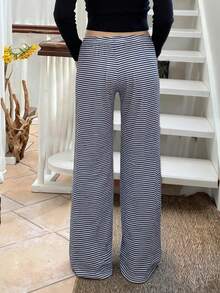 LOVE JOYY Women's Striped Color Block Knotted Casual Loungewear Set With Wide Leg Pants
