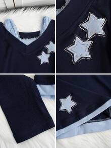 女式休闲星星图案二合一长袖上衣，秋冬