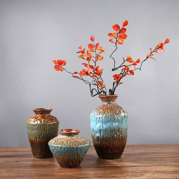 Vaso de Flores de Cerâmica com Esmalte Craquelado Vintage, Vaso de Cerâmica Rústica de Alta Qualidade para Decoração com Flores Frescas ou Secas, Ornamento para Sala de Estar