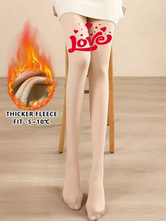 Dam 200g termofodrade strumpbyxor med alla hjärtans dag-tryck, termoleggings med romantiskt mönster för -5 till 15°C, strumpbyxor med hjärt- och kyssdesign, figurformande festliga parstrumpbyxor