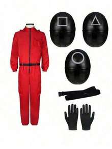 COS Red Hooded Jumpsuit, Cuttlefish Costume, Halloween Role-Playing Outfit, Red Jumpsuit With Black Gloves And Round/Triangular/Square Mask - A - View 2