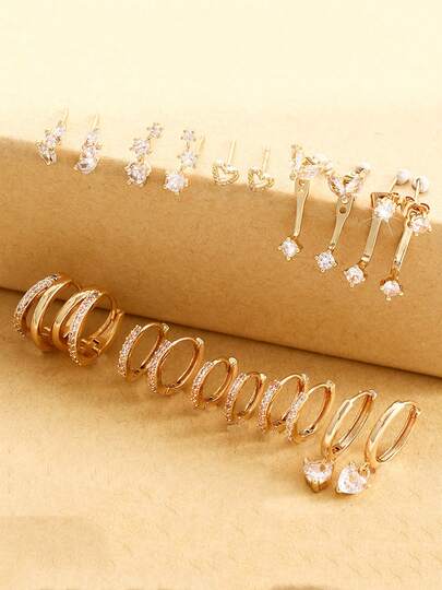 17KM 6pcs Simple Copper Alloy Cubic Zirconia Heart & Geometric Square Hoop Earrings Set, Women & Couples Vacation, Date, Daily, Party, Wedding, Christmas, Valentine's Day Gift