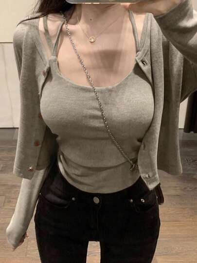 Set de 2 piezas: Top de tirantes informal y Cárdigan de cuello redondo para mujer, otoño