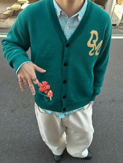 Casual Loose Floral & Letter Print Button Cardigan Sweater, Spring/Autumn/Winter, Unisex College Style Knit Top