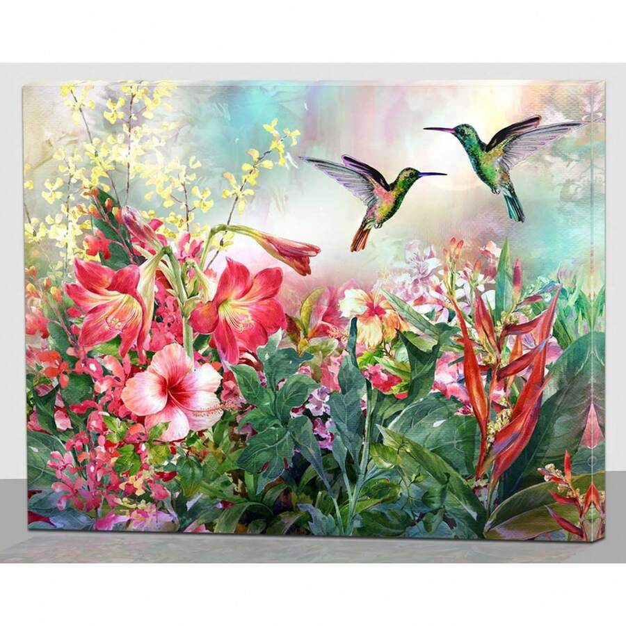 2025 Christmas Canvas Wall Art Print 12" X 16" With Timer | LED Lighted Design - Hummingbird Flowers - View 1
