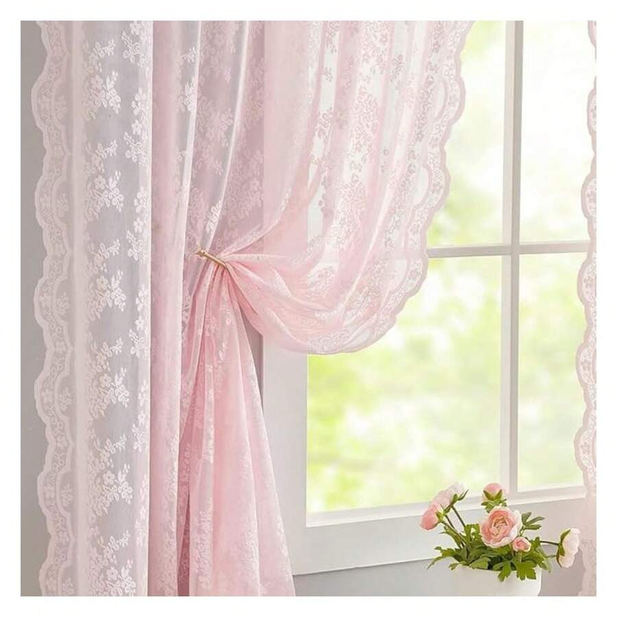Pink 80 Inch Curtains For Girls Room Princess Lace Closet Curtain For Open Closet Pink Boho Sheer Sliding Closet Door Curtains 80 Inches Long 2 PanelsLight Pink - 多色647 - 查看 1