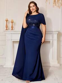 Đầm maxi dáng đuôi cá xếp ly 3D bằng chiffon đính sequin và ren hoa, tay áo dài, thích hợp cho khách dự đám cưới, dạ hội, sinh nhật, lễ hội, tốt nghiệp và các dịp lễ tết. - Màu xanh hải quân - Xem 7