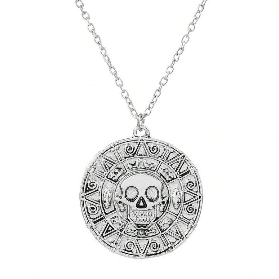 Medalla exclusiva del aventurero, collar con moneda de oro con calavera de pirata, diseño retro antiguo que no choca - Plateado - Ver 1