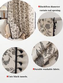 1pc Vintage Floral Print Curtain, Black Floral Print With Black Tassel Decor, Suitable For Living Room, Kitchen, Bedroom, Study, Balcony, Patio, Suitable For Home, Room, All Season - Black and White - View 2