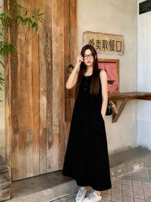 女式复古休闲时尚无袖宽松修身连衣裙 - 黑色 - 查看 2