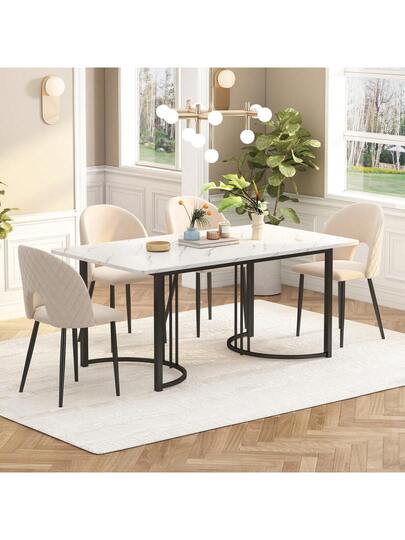Dining Tafel 140 80 Cm (1 Piece), Moderne Kitchen Table, Metal Frame Rectangular Bloemen Pattern, Adjustable Legs Room Living Room, White/Black