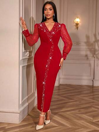 Vestidos de fiesta de lujo para invitados de boda para mujeres, elegantes, con cuello en V, de tul transparente, de manga larga farol, con bordados, con abertura, vestidos de noche elegantes, colección de ropa de estilo para Año Nuevo