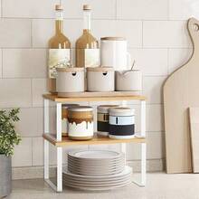 Spice Rack, Set Of 2 Cupboard Shelf Organiser, Expandable Kitchen Shelf Organiser, Stackable Spice Holder, Metal And Engineered Wood, White And Natural - Brown - View 8