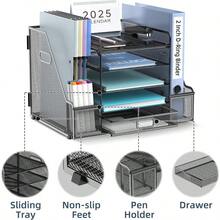 Mesh Desk Organizer With File Holder 5Tier Paper Letter Tray Organizer With Magazine Holder Desktop Organizer And Storage With Drawer For Office Supplies Home Or School Black