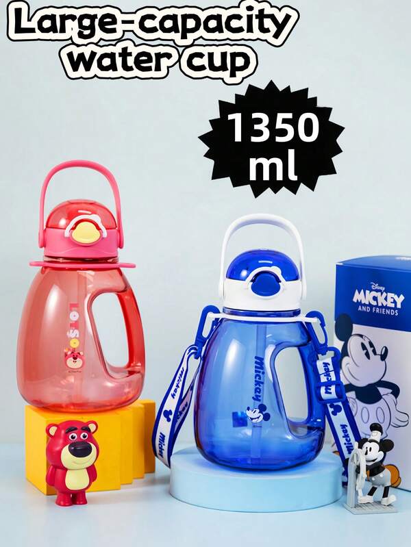 Disney 1 PIEZA Taza de barriga de oso de fresa Mickey de Disney genuino de 1350ml/45.6oz, azul y rojo, resistente, anti-caída y a prueba de agua, con dos métodos de bebida, con pajita, tapa y asa portátil, pegatina con patrón de personaje lindo, regalo de Navidad, Halloween, Acción de Gracias o cumpleaños (algunas partes pueden ser aleatorias)