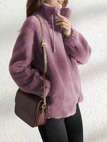 Women Fluffy Casual Solid Color Double-Sided Velvet Drawstring Stand Up Collar Jacket, Autumn/Winter