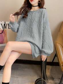 女士字母压纹圆领落肩长袖休闲宽松毛衣 - 灰色 - 查看 4