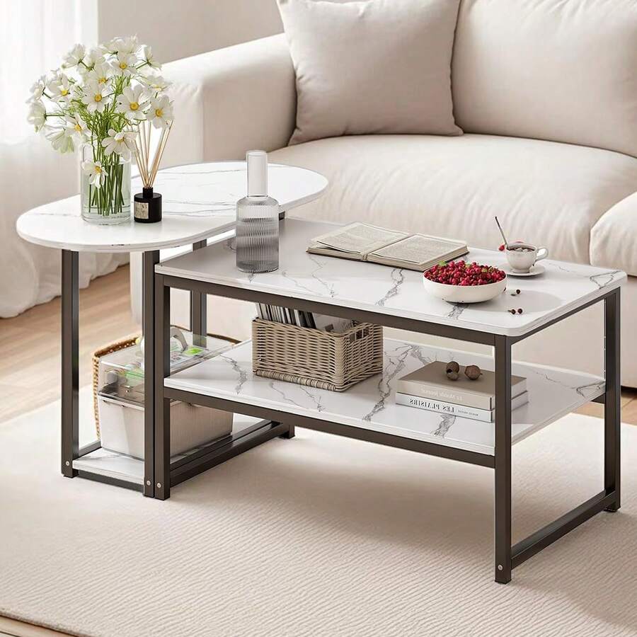 GM Bear Mesa de Centro para Sala con Estante de Almacenamiento Blanco, Juego de Mesas de Cafe o Mesas Laterales Auxiliares, Set 2 en 1 Coffee Table Imitación Mármol Estilo Minimalista Moderna - 1 - Ver 1