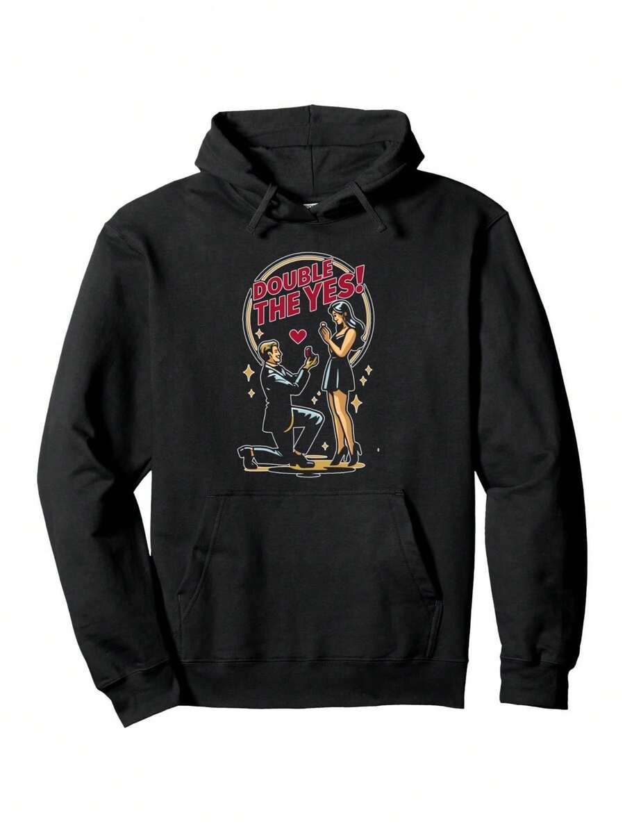 Sudadera con capucha de patrón de propuesta negra para hombres - Suave y transpirable, con texto de boda, ropa de aniversario de estilo urbano para todas las estaciones, uso diario casual - Regalo para parejas, diseño cómodo y duradero - Negro - Ver 1